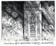 202960 Afbeelding van een gedeelte van de Domtoren te Utrecht, omringd door uurwerken en vuurwerk, tijdens de jaarwisseling.